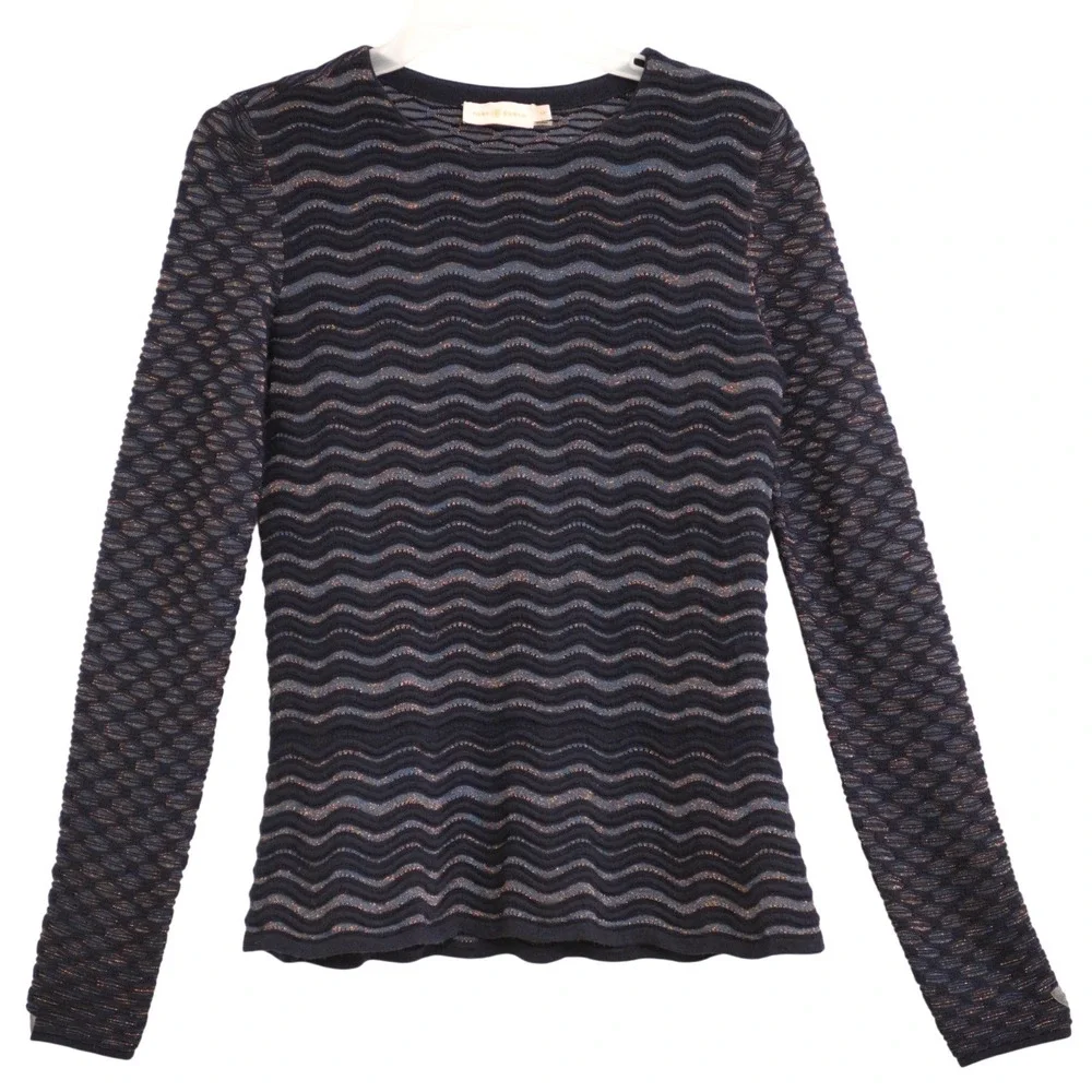 Tory Burch Sz S‎ Navy Metallic Wavy Chevron Knit Chic Lightweight Sweater Ruffle